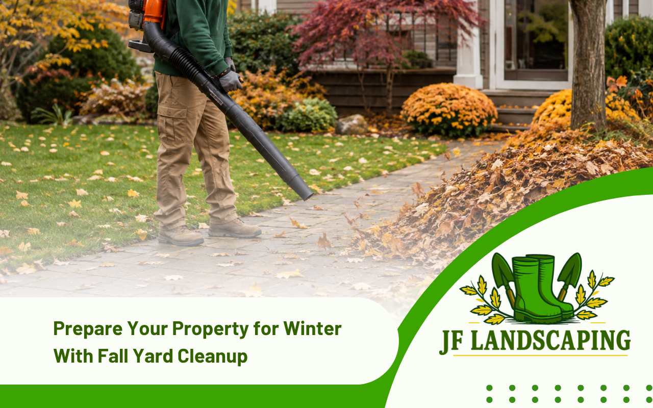 Fall yard cleanup removing leaves and seasonal debris from a residential property