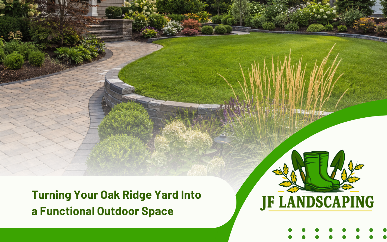 Landscape design in Oak Ridge combining planting beds, lawn, and hardscape