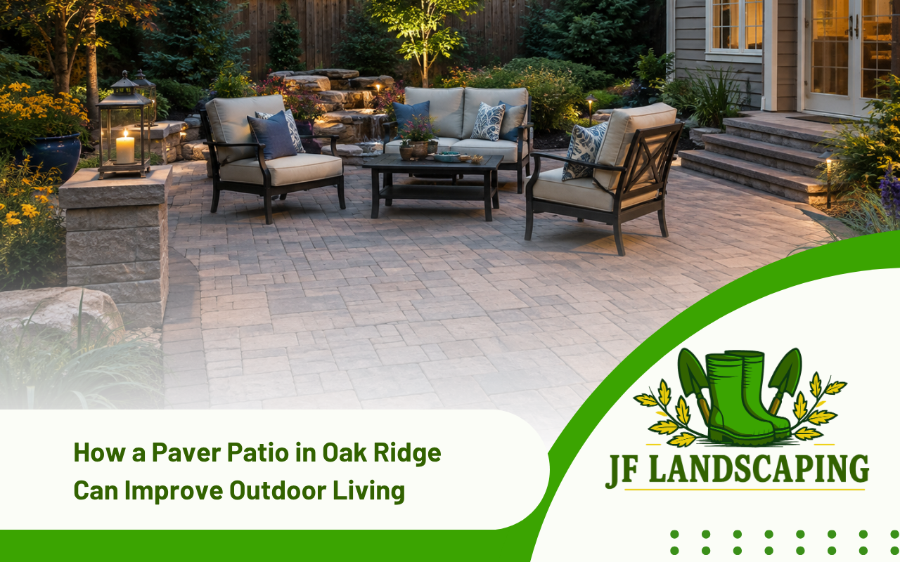 Paver patio in Oak Ridge with coordinated seating and landscape features