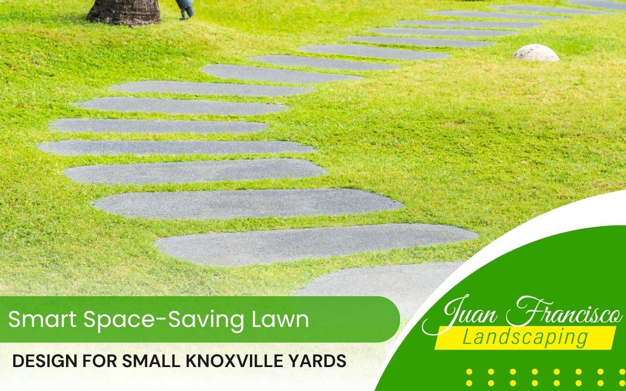 Stone walkway and small green lawn with hardscaping design