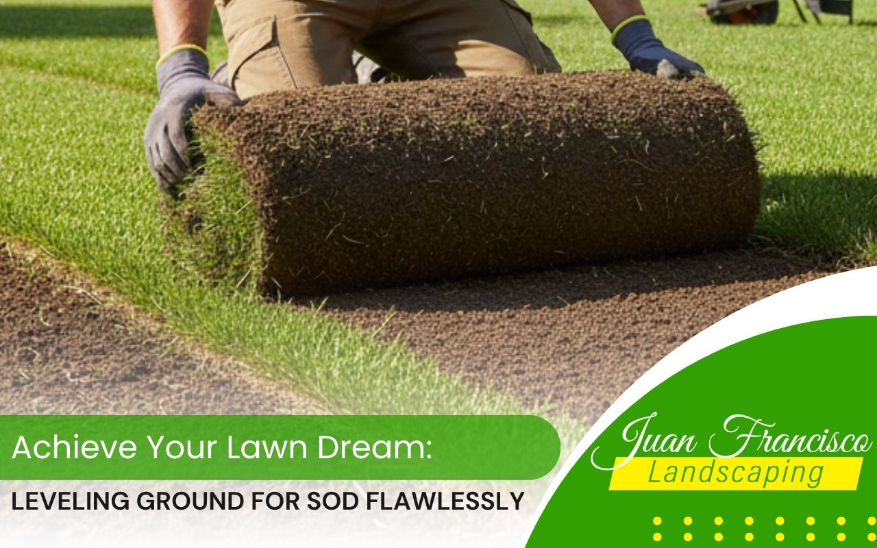 Lawn preparation process showing leveling ground for sod before installation