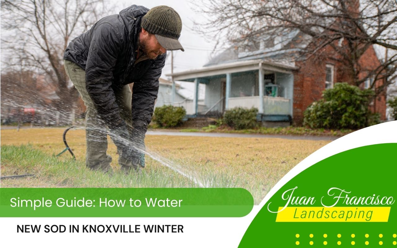 Homeowner learning how to water new sod in Knoxville winter for a healthy, green Knoxville lawn.