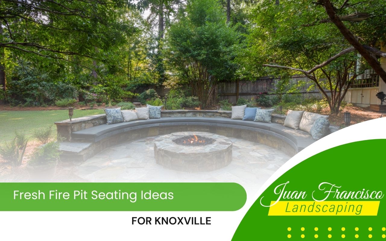 Circular fire pit seating ideas for Knoxville with built-in benches and outdoor cushions.