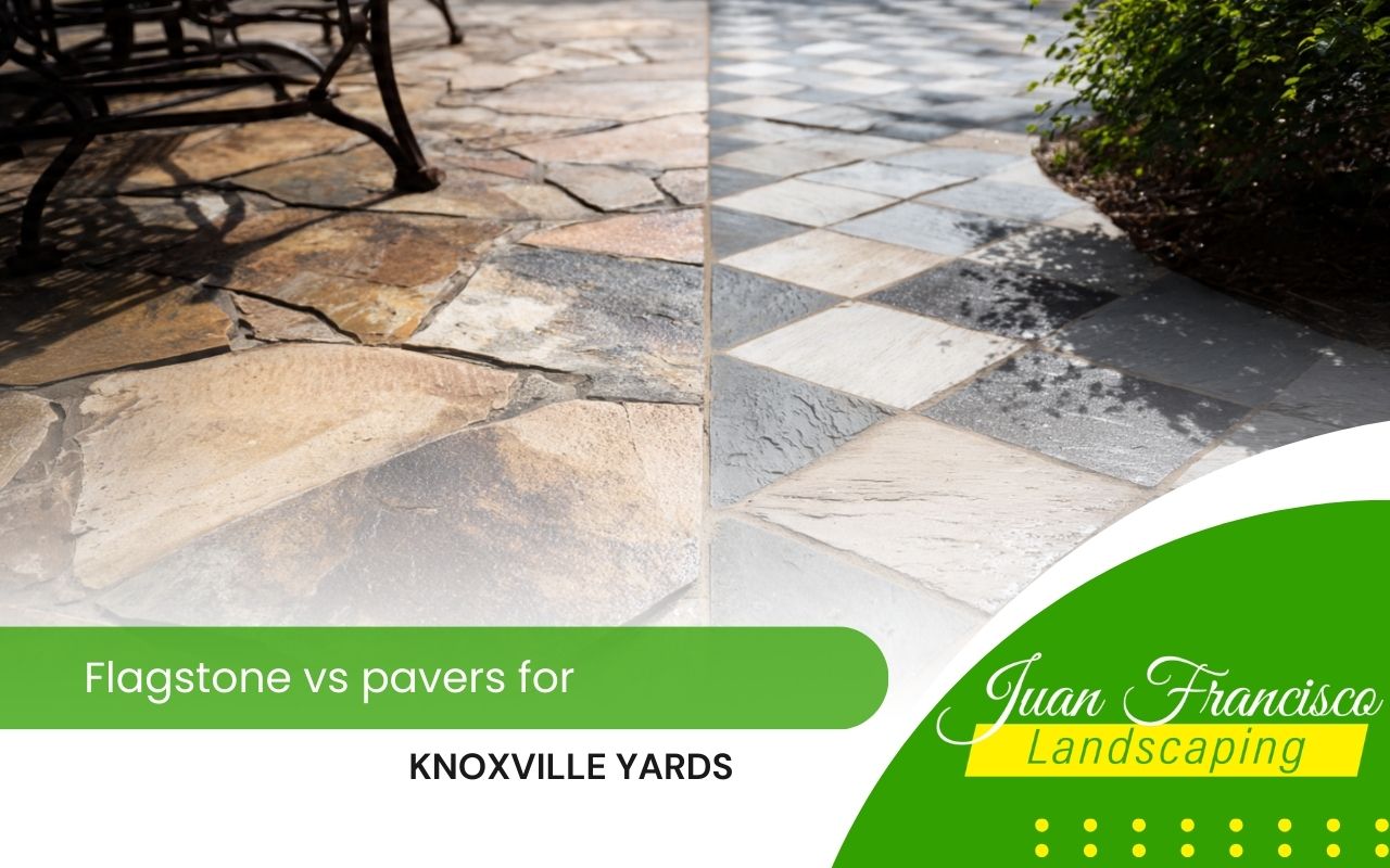 Flagstone vs pavers for Knoxville patio comparison with different textures and patterns.