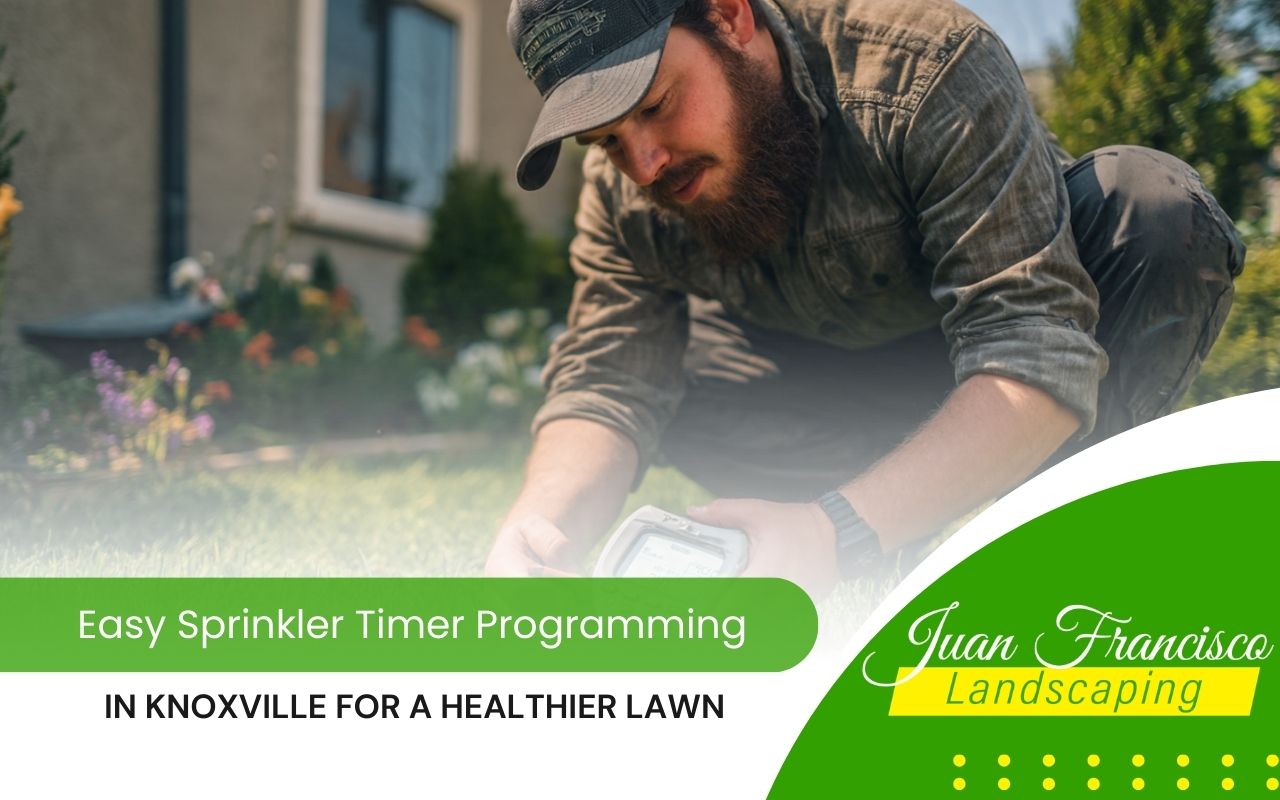 homeowner checking sprinkler timer programming in Knoxville in a backyard