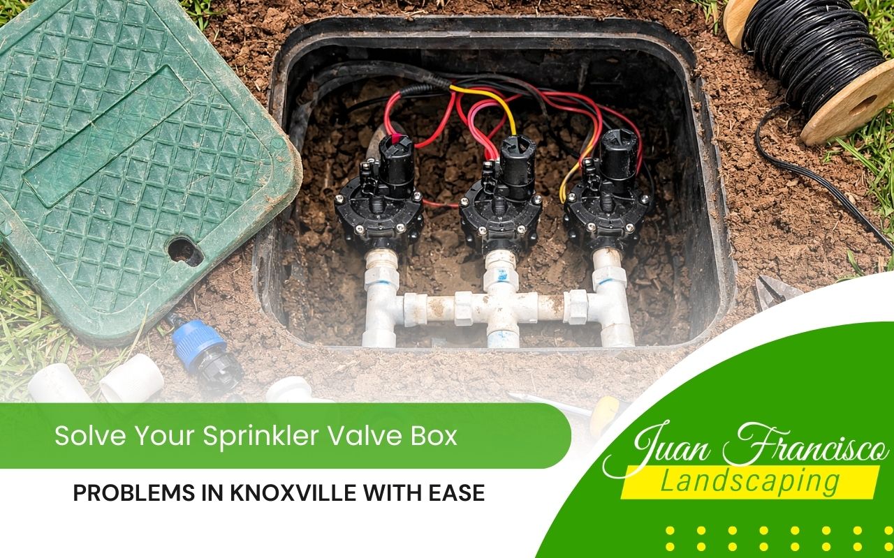 sprinkler valve box repair in Knoxville with open box and irrigation parts