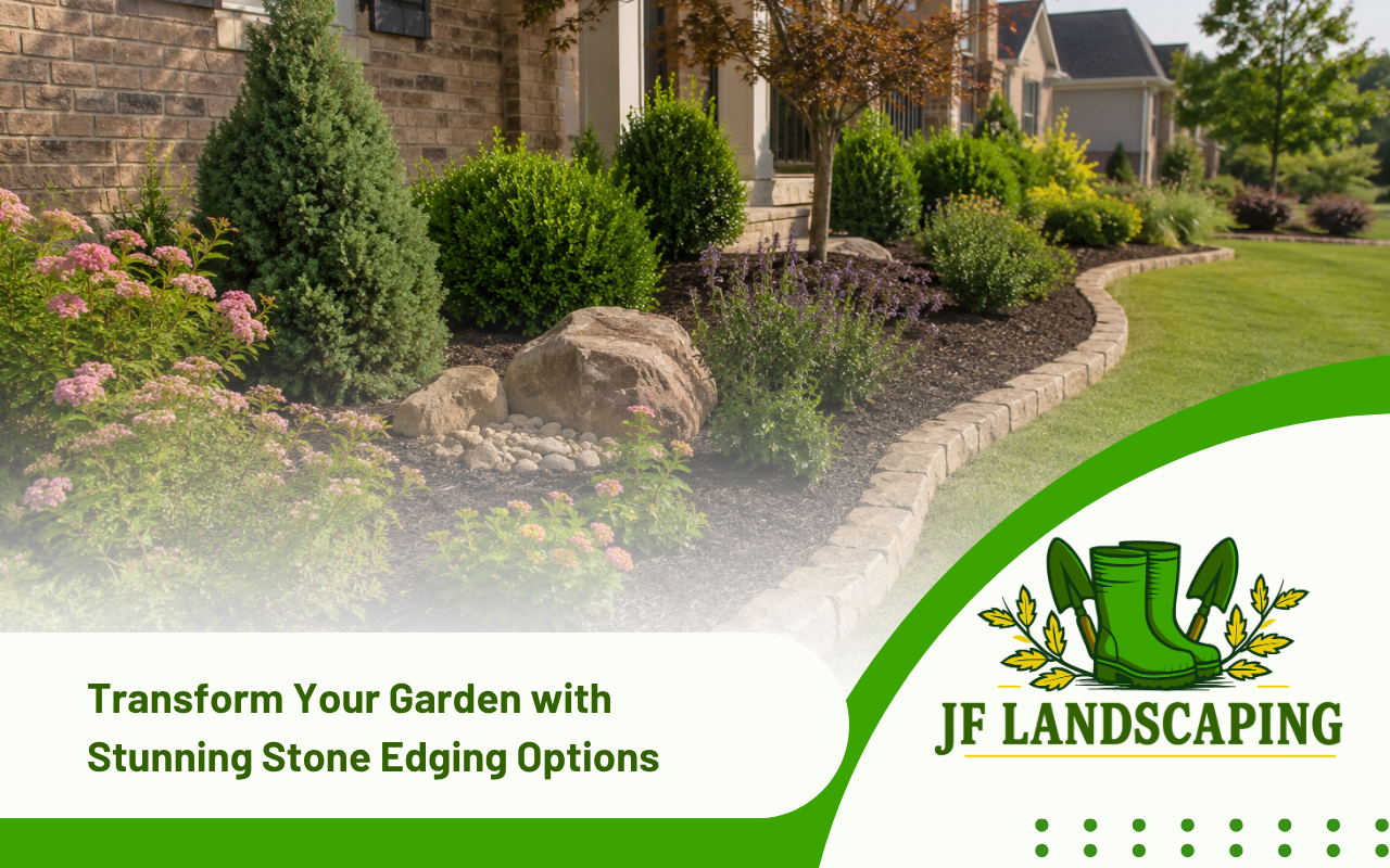 Stone edging defining landscaped garden beds in Maryville